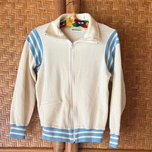 Vintage sporty Cream and Blue Tennis prep Striped Zip-Up Jacket XS